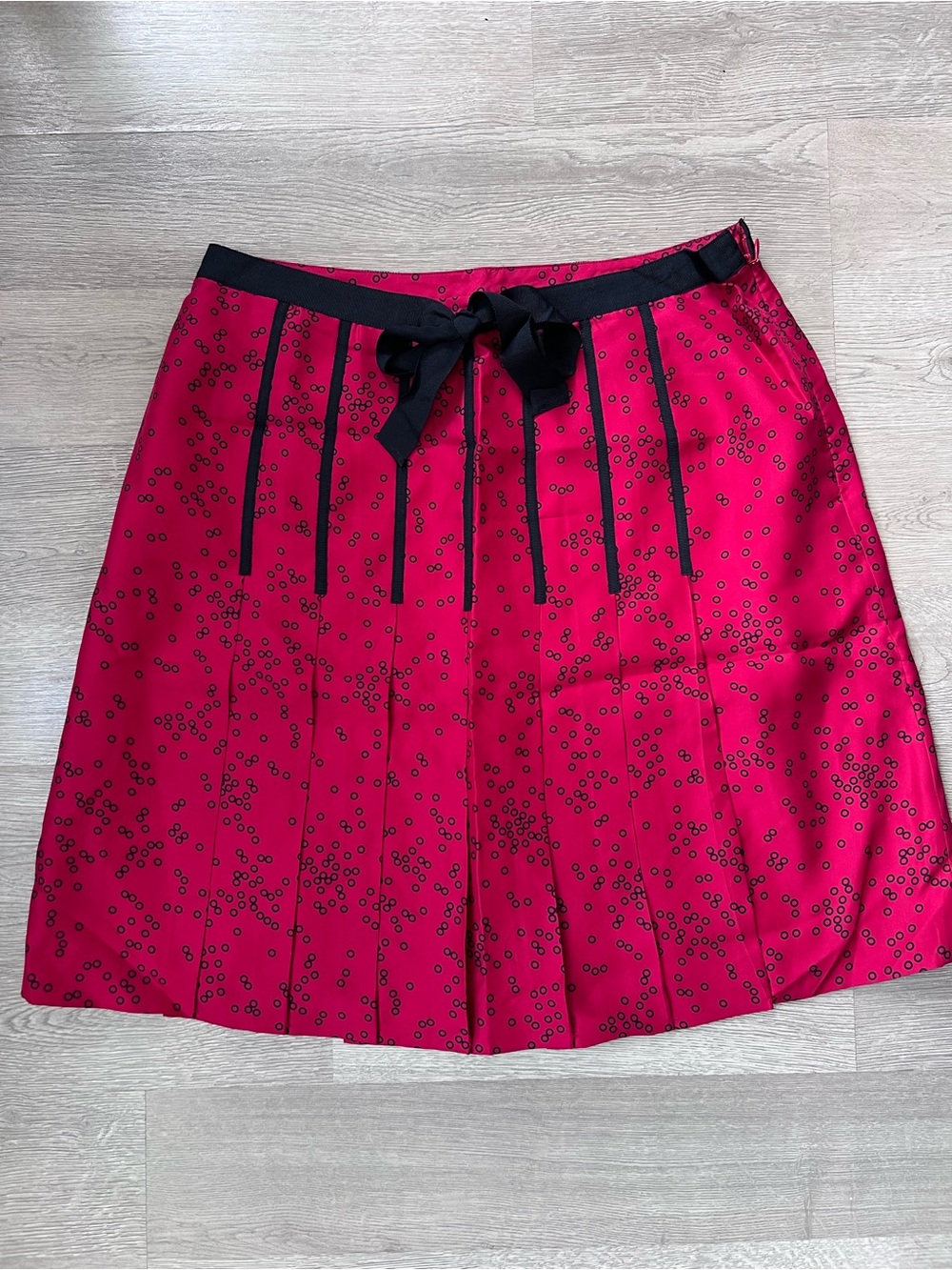 Silk Pleated A-Line Skirt with Black Trim and Bow